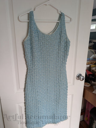 Beaded Wool Dress in a light sky blue yarn with faceted beads woven throughout