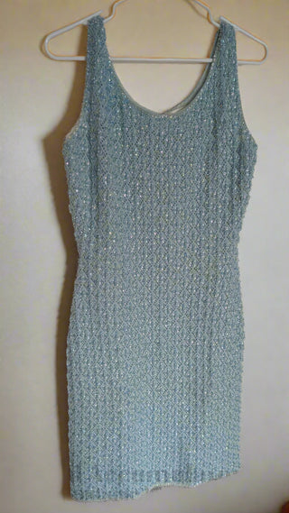 Beaded Wool Dress in a light sky blue yarn with faceted beads woven throughout