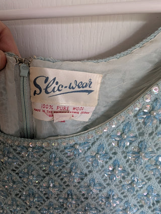 Beaded Wool Dress in a light sky blue yarn with faceted beads woven throughout