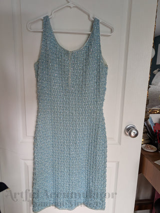 Beaded Wool Dress in a light sky blue yarn with faceted beads woven throughout