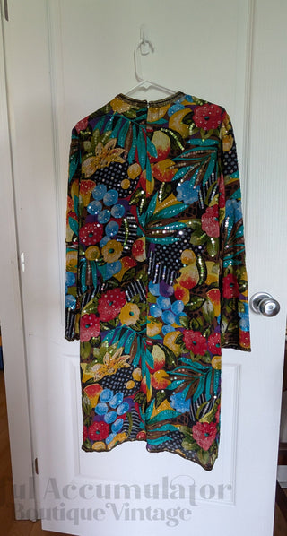 Multicolour sequin layered dress with sheer fabric, bright florals, and a beaded neackline