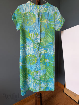 Green and blue striped flower shift dress with button accents