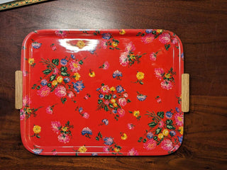floral resin tray with faux wood laminate backing, wood handles, red background, colorful bouquet -  - #tag1# - #tag2# - #tag3# - #tag4# - the Artful Accumulator's Vintage Boutique