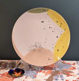"Subtle Kitty" hand glazed decorative plate with drawn cat -  - #tag1# - #tag2# - #tag3# - #tag4# - the Artful Accumulator's Vintage Boutique