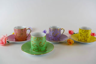 multicolor espresso set for 4: pink, yellow, green, violet with gold swirls + saucers -  - #tag1# - #tag2# - #tag3# - #tag4# - the Artful Accumulator's Vintage Boutique