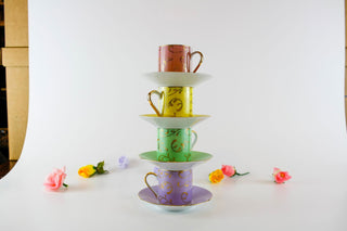 multicolor espresso set for 4: pink, yellow, green, violet with gold swirls + saucers -  - #tag1# - #tag2# - #tag3# - #tag4# - the Artful Accumulator's Vintage Boutique