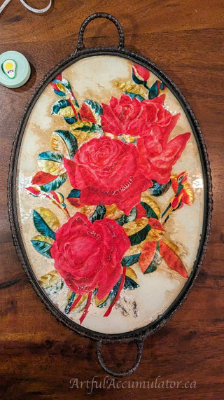 oval platter with an underglass rose painting pressed against on silver leaf. - Artful Accumulator Boutique Vintage