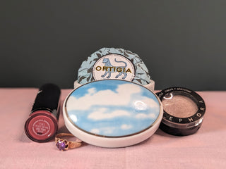 "Clouds & Blue Skies" a very, very small oval trinket jar with imagery of clouds and silver edging on fitted lid -  - #tag1# - #tag2# - #tag3# - #tag4# - the Artful Accumulator's Vintage Boutique