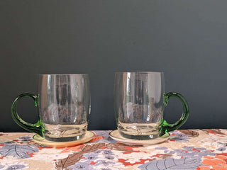 pair of clear glass mugs, handblown, green handle, volume 500ml -  - #tag1# - #tag2# - #tag3# - #tag4# - the Artful Accumulator's Vintage Boutique
