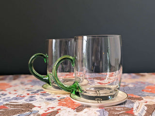 pair of clear glass mugs, handblown, green handle, volume 500ml -  - #tag1# - #tag2# - #tag3# - #tag4# - the Artful Accumulator's Vintage Boutique