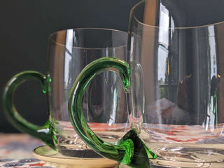 pair of clear glass mugs, handblown, green handle, volume 500ml -  - #tag1# - #tag2# - #tag3# - #tag4# - the Artful Accumulator's Vintage Boutique