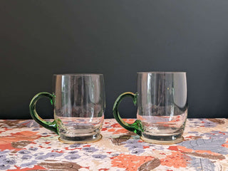 pair of clear glass mugs, handblown, green handle, volume 500ml -  - #tag1# - #tag2# - #tag3# - #tag4# - the Artful Accumulator's Vintage Boutique