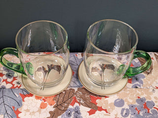 pair of clear glass mugs, handblown, green handle, volume 500ml -  - #tag1# - #tag2# - #tag3# - #tag4# - the Artful Accumulator's Vintage Boutique