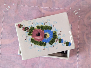 rectangular trinket box with flowers in pink and blue, with blue lines around the edges -  - #tag1# - #tag2# - #tag3# - #tag4# - the Artful Accumulator's Vintage Boutique