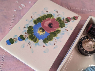 rectangular trinket box with flowers in pink and blue, with blue lines around the edges -  - #tag1# - #tag2# - #tag3# - #tag4# - the Artful Accumulator's Vintage Boutique