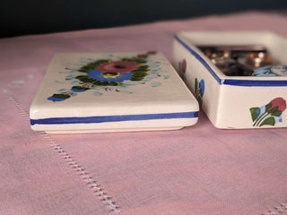 rectangular trinket box with flowers in pink and blue, with blue lines around the edges -  - #tag1# - #tag2# - #tag3# - #tag4# - the Artful Accumulator's Vintage Boutique