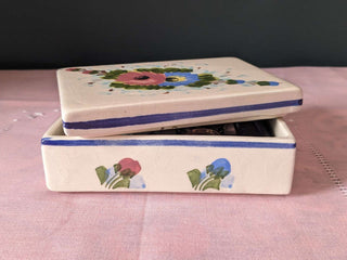 rectangular trinket box with flowers in pink and blue, with blue lines around the edges -  - #tag1# - #tag2# - #tag3# - #tag4# - the Artful Accumulator's Vintage Boutique