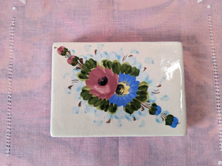 rectangular trinket box with flowers in pink and blue, with blue lines around the edges -  - #tag1# - #tag2# - #tag3# - #tag4# - the Artful Accumulator's Vintage Boutique