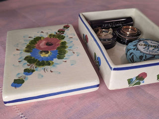 rectangular trinket box with flowers in pink and blue, with blue lines around the edges -  - #tag1# - #tag2# - #tag3# - #tag4# - the Artful Accumulator's Vintage Boutique