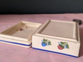 rectangular trinket box with flowers in pink and blue, with blue lines around the edges -  - #tag1# - #tag2# - #tag3# - #tag4# - the Artful Accumulator's Vintage Boutique