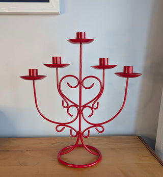 red metal five candle candelabra with heart shaped coils - Artful Accumulator Boutique Vintage