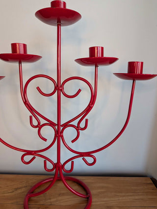 red metal five candle candelabra with heart shaped coils - Artful Accumulator Boutique Vintage