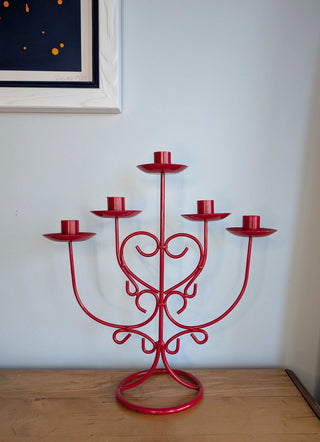red metal five candle candelabra with heart shaped coils - Artful Accumulator Boutique Vintage