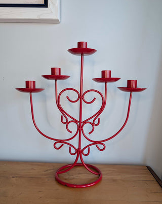 red metal five candle candelabra with heart shaped coils - Artful Accumulator Boutique Vintage