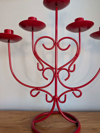 red metal five candle candelabra with heart shaped coils - Artful Accumulator Boutique Vintage