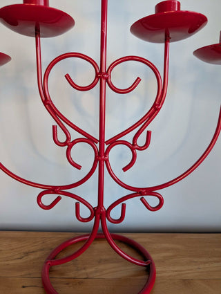 red metal five candle candelabra with heart shaped coils - Artful Accumulator Boutique Vintage