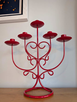 red metal five candle candelabra with heart shaped coils - Artful Accumulator Boutique Vintage