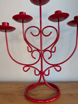 red metal five candle candelabra with heart shaped coils - Artful Accumulator Boutique Vintage