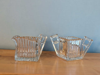 Carved Glass Art Deco Creamer & Sugar by Heisey Glass (sold as a set)