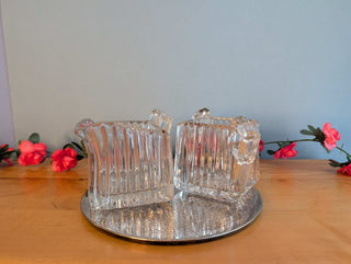 Carved Glass Art Deco Creamer & Sugar by Heisey Glass (sold as a set)
