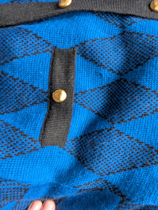 Blue & black patterned vintage sweater dress with belt, gold buttons