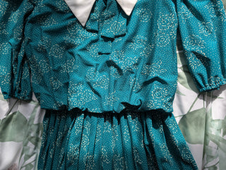 Turquoise patterned dress roses abstract dots white collar and bow - like Lady Diana