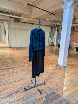 Blue & black patterned vintage sweater dress with belt, gold buttons