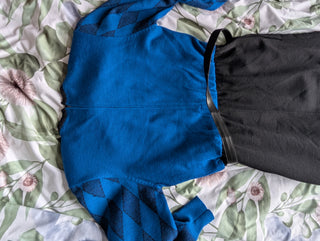 Blue & black patterned vintage sweater dress with belt, gold buttons