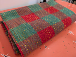 Holly - rectangular Christmas tablecloth - red, red-green, and green squares with gold thread stitching