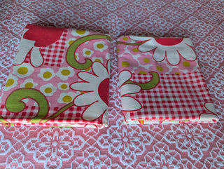 Shirley -  set of 2 pillowcases - big white flowers with red, pink flowers, red checkered pattern, and greenstems