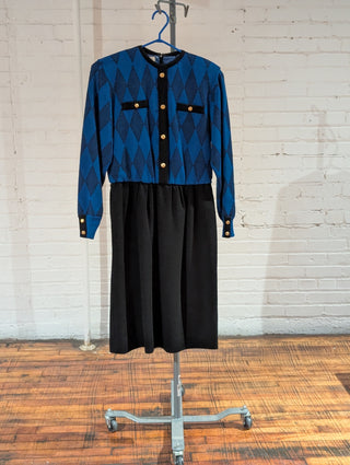 Blue & black patterned vintage sweater dress with belt, gold buttons