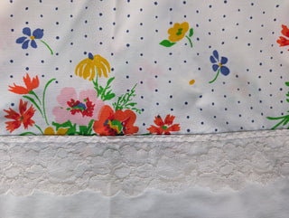 Ariel - Top Sheets - bright red orange and green floral bouquets, lace border, with dark blue dotted background