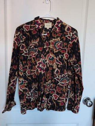 Chemisier boutonné à manches longues, motif floral et feuilles automnal, taille 34