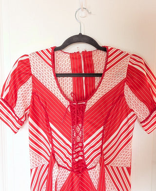Dress - fit & flare patchwork dress in red and white stripes