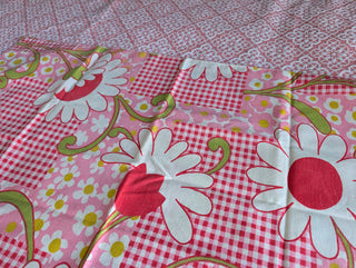 Shirley -  set of 2 pillowcases - big white flowers with red, pink flowers, red checkered pattern, and greenstems