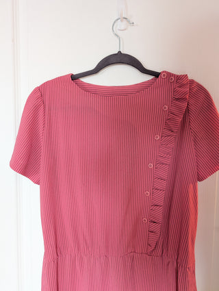 Dress- shirt dress - rich pink with black stripes ruffles, button up front