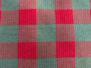Holly - rectangular Christmas tablecloth - red, red-green, and green squares with gold thread stitching