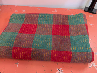 Holly - rectangular Christmas tablecloth - red, red-green, and green squares with gold thread stitching