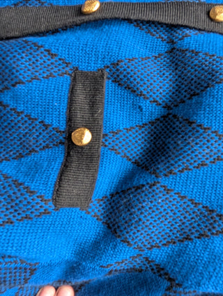 Blue & black patterned vintage sweater dress with belt, gold buttons