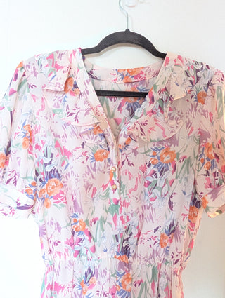 Dress- shirt dress fit & flare - rich soft flowers with ruffles and pearl buttons